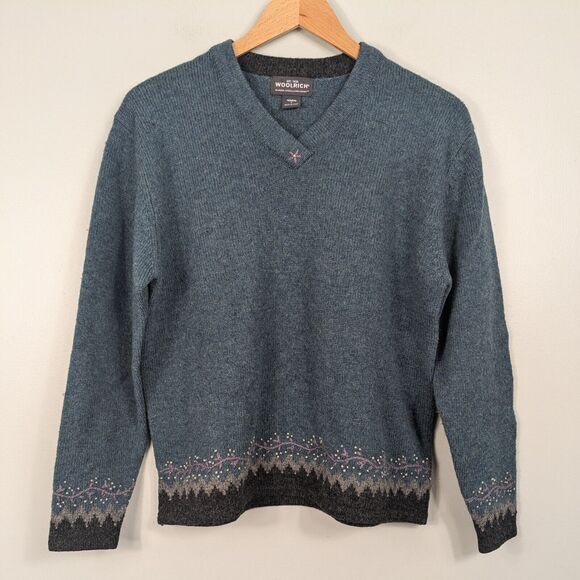 Woolrich Sweater Wool Pullover Vneck Teal Blue Gray Floral Embroidered Outdoor L - Picture 6 of 11